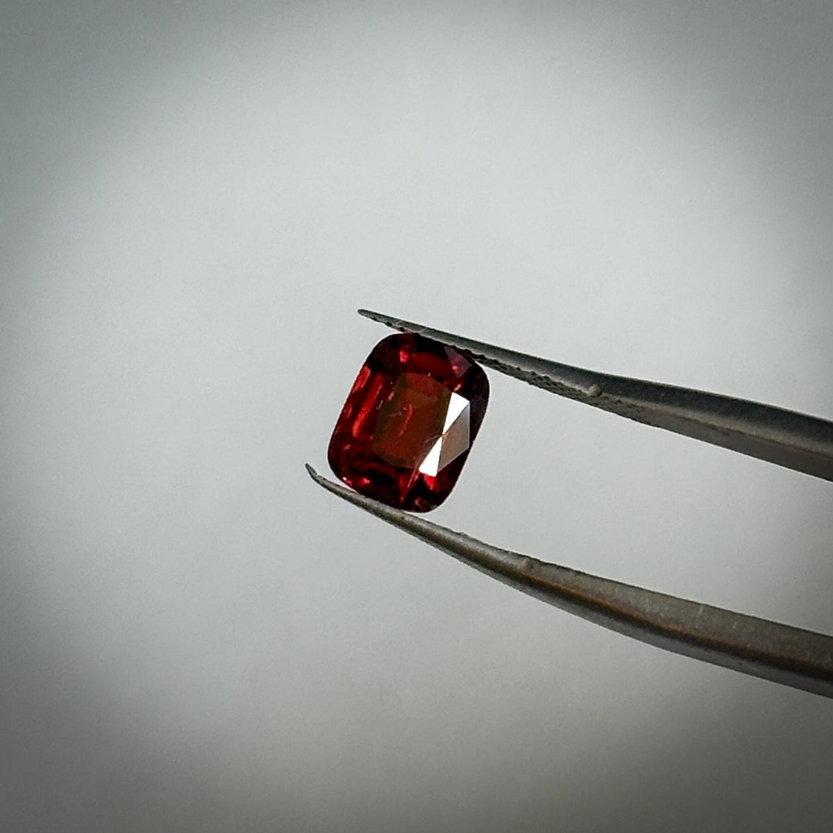 cushion cut medium toned red garnet held in tweezers 