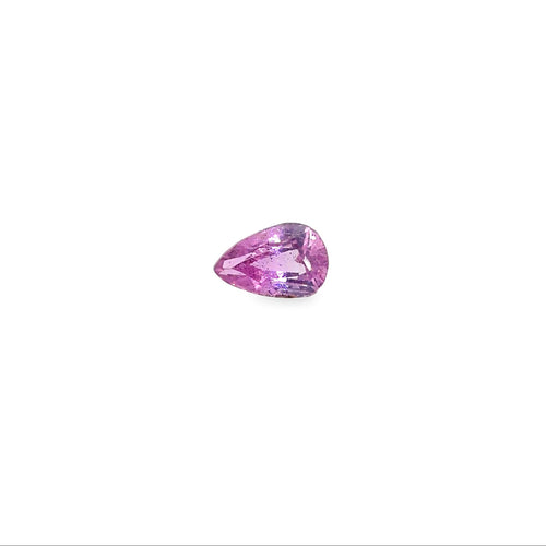 A pear-cut pink gemstone with faceted cuts, centered on a solid white background.